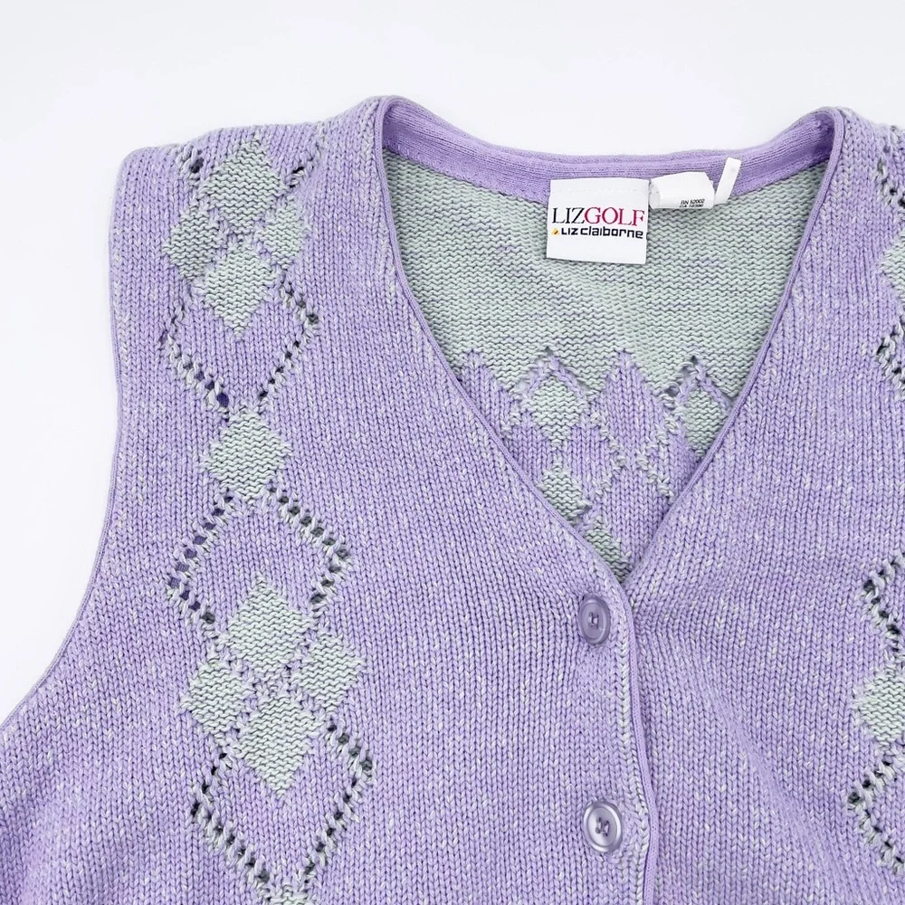 Vintage 90s Y2K Preppy Liz Golf Pastel Purple Green Argyle Knit Sweater Vest - Picture 4 of 8